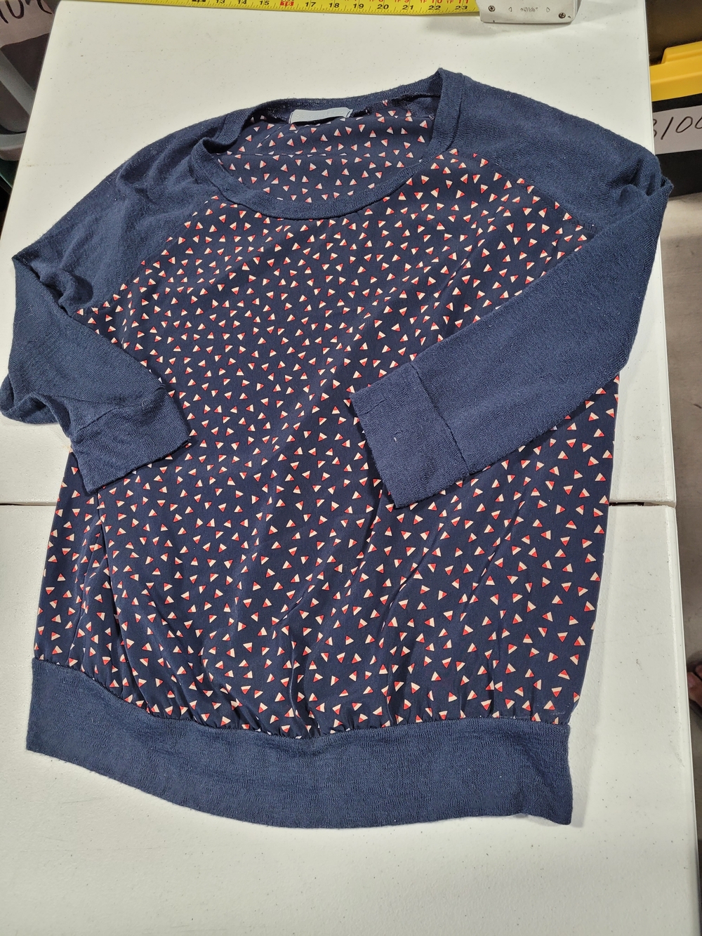 Olivia Moon Navy Top with Pink Triangle Print